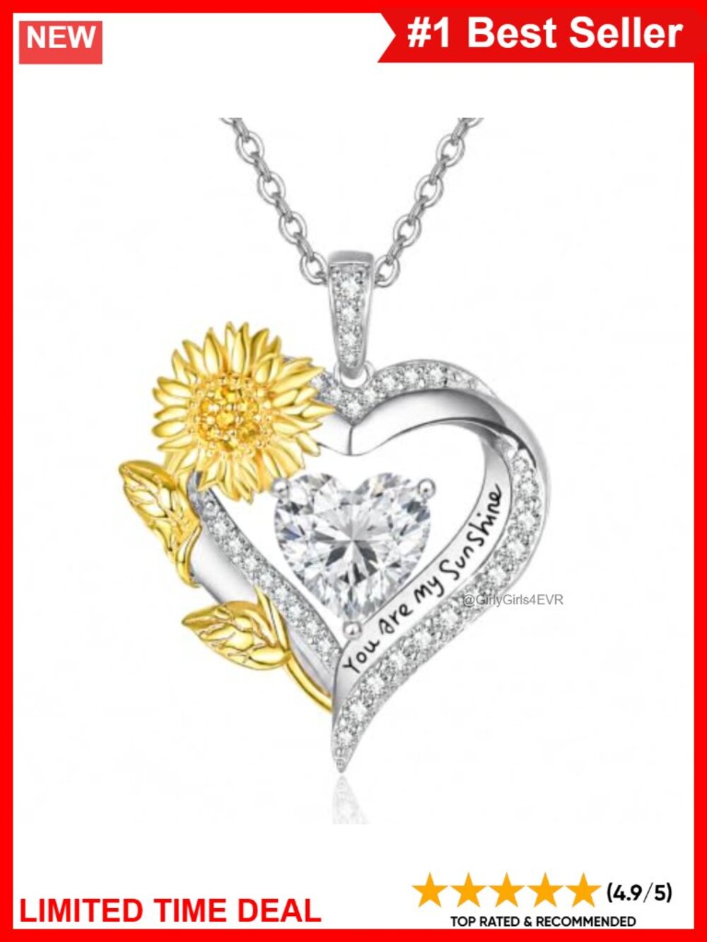 Sterling Silver Sunflower Heart Pendant Necklace CZ 18in